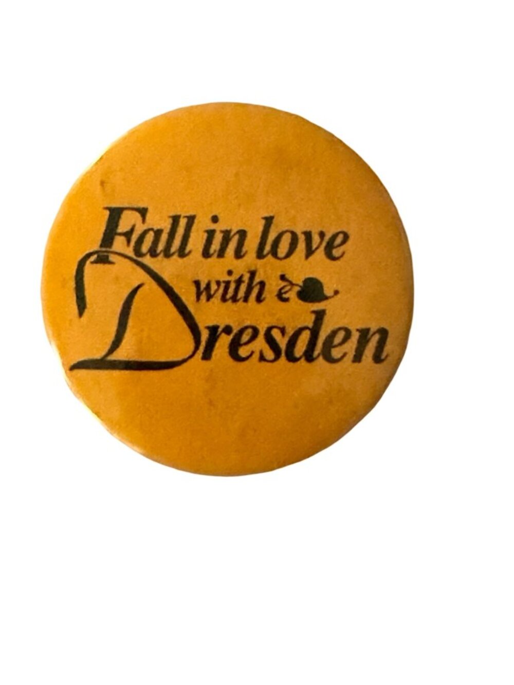 Vintage Fall in Love with Dresden Pinback Button 2 Inch Yellow Souvenir Pin